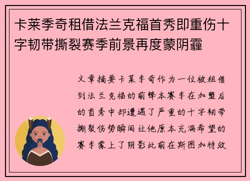卡莱季奇租借法兰克福首秀即重伤十字韧带撕裂赛季前景再度蒙阴霾 卡莱季奇租借法兰克福首秀即重伤十字韧带撕裂赛季前景再度蒙阴霾